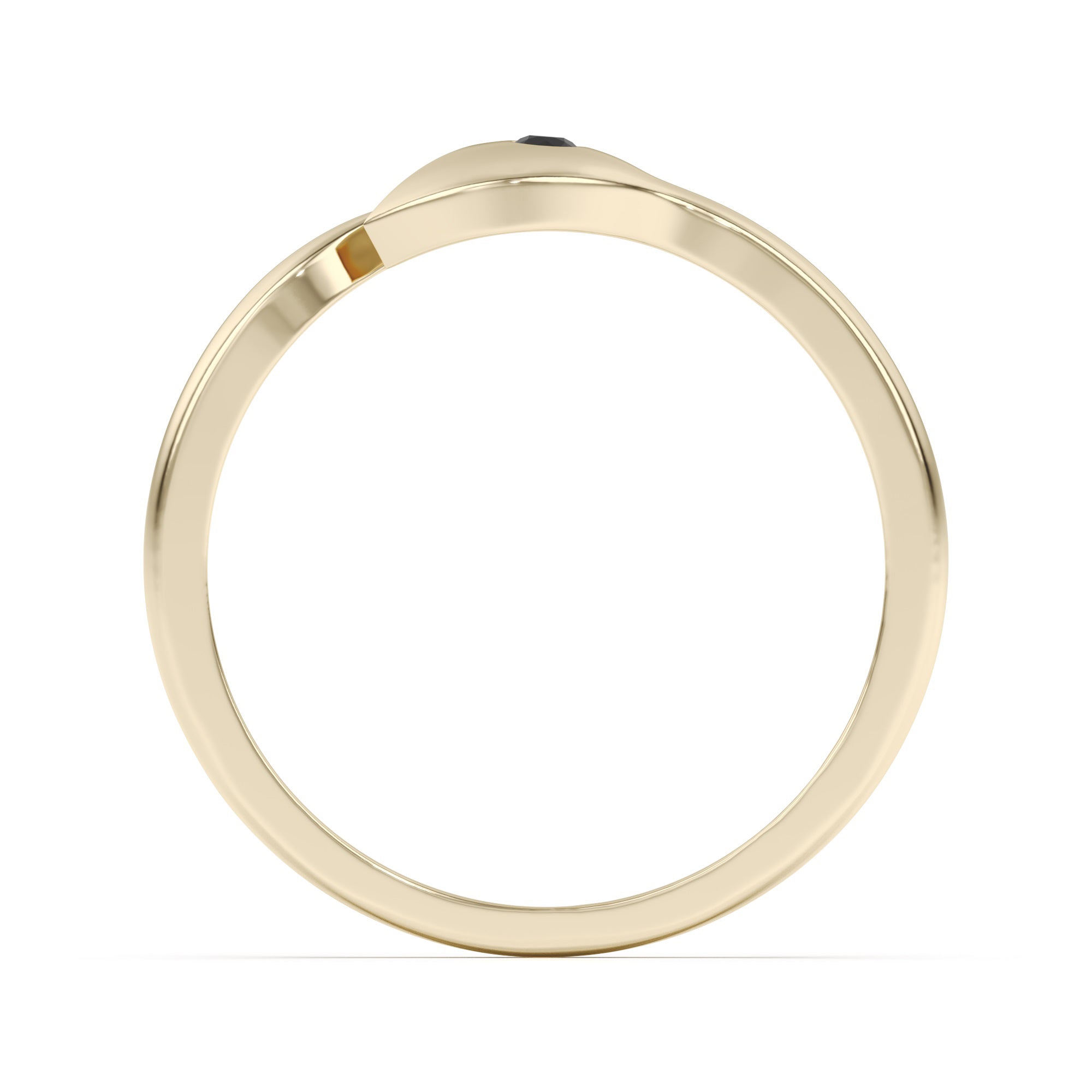 Side to Side view of Artemis gold ring designed with an ethically sourced black spinel gemstone for the eye and crafted from reclaimed solid fine gold.